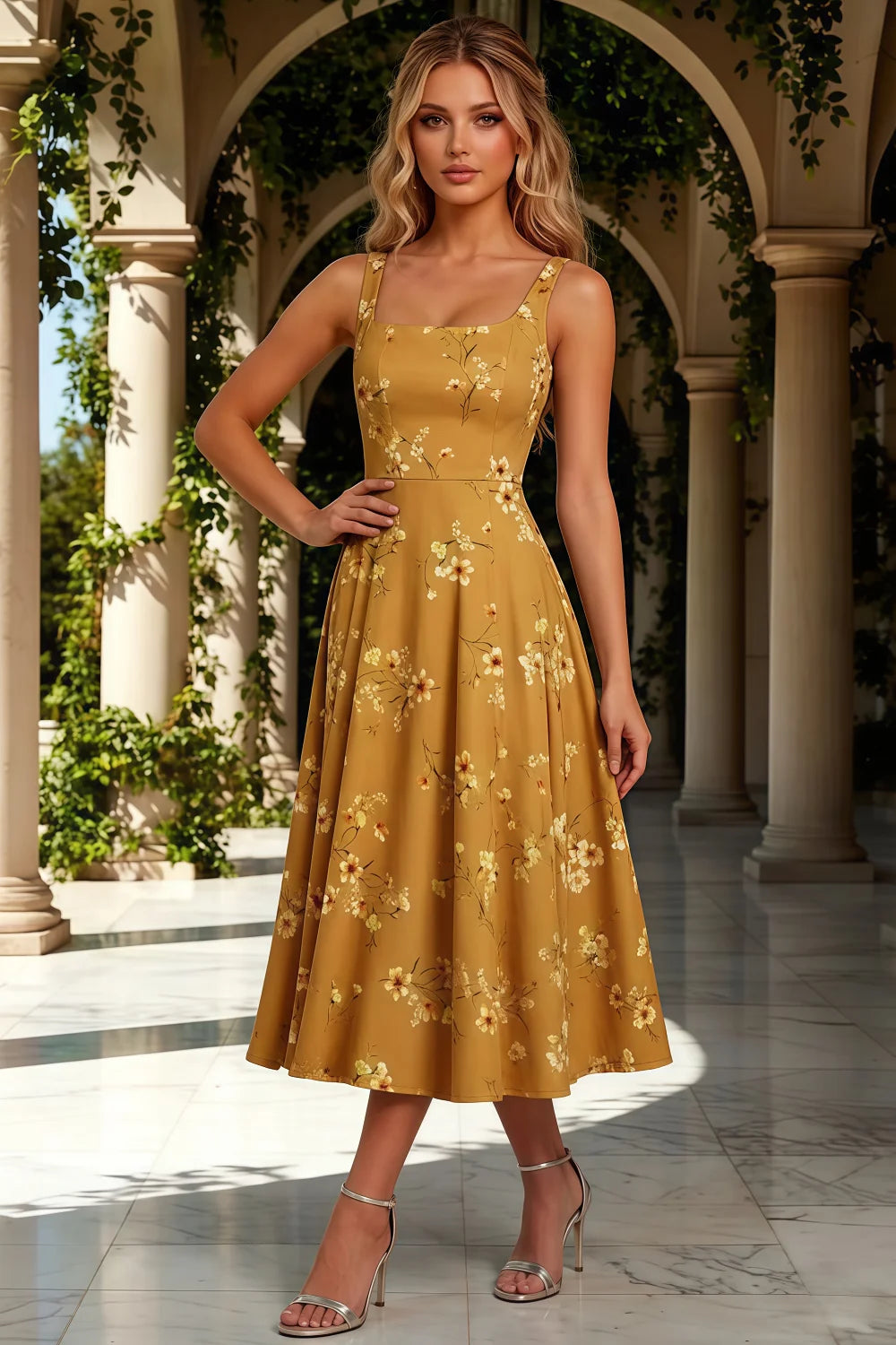 Gina Yellow Floral Square Neck Midi Dress
