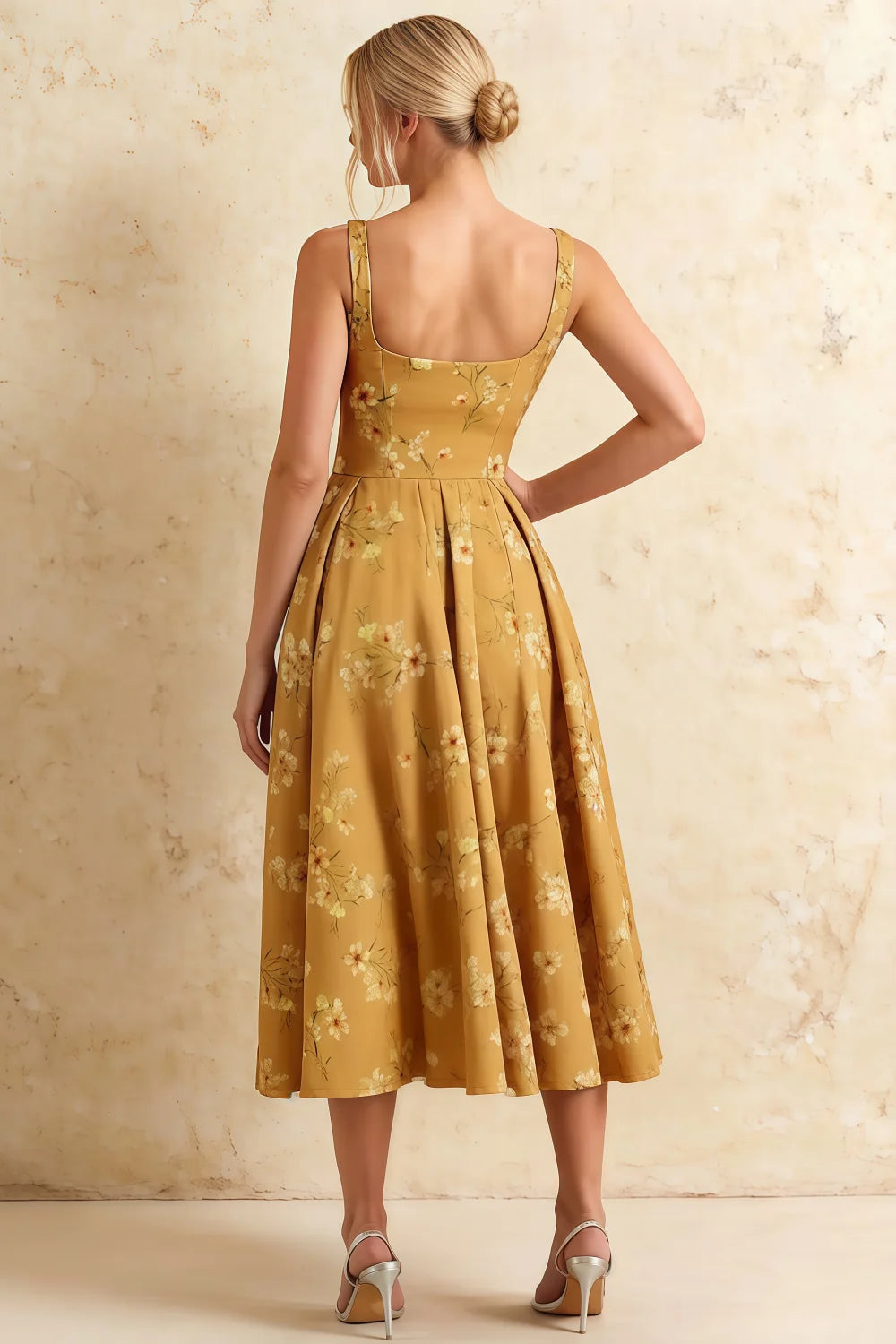 Gina Yellow Floral Square Neck Midi Dress