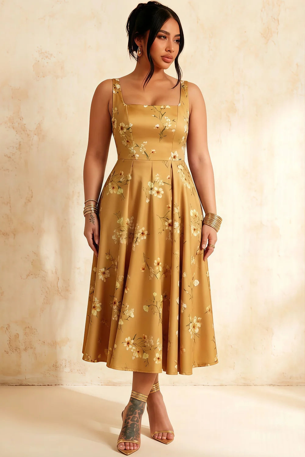 Gina Yellow Floral Square Neck Midi Dress