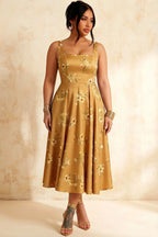 Gina Yellow Floral Square Neck Midi Dress