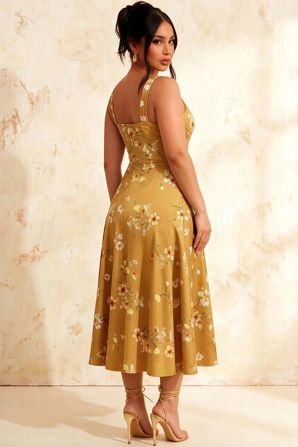 Gina Yellow Floral Square Neck Midi Dress