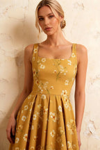 Gina Yellow Floral Square Neck Midi Dress