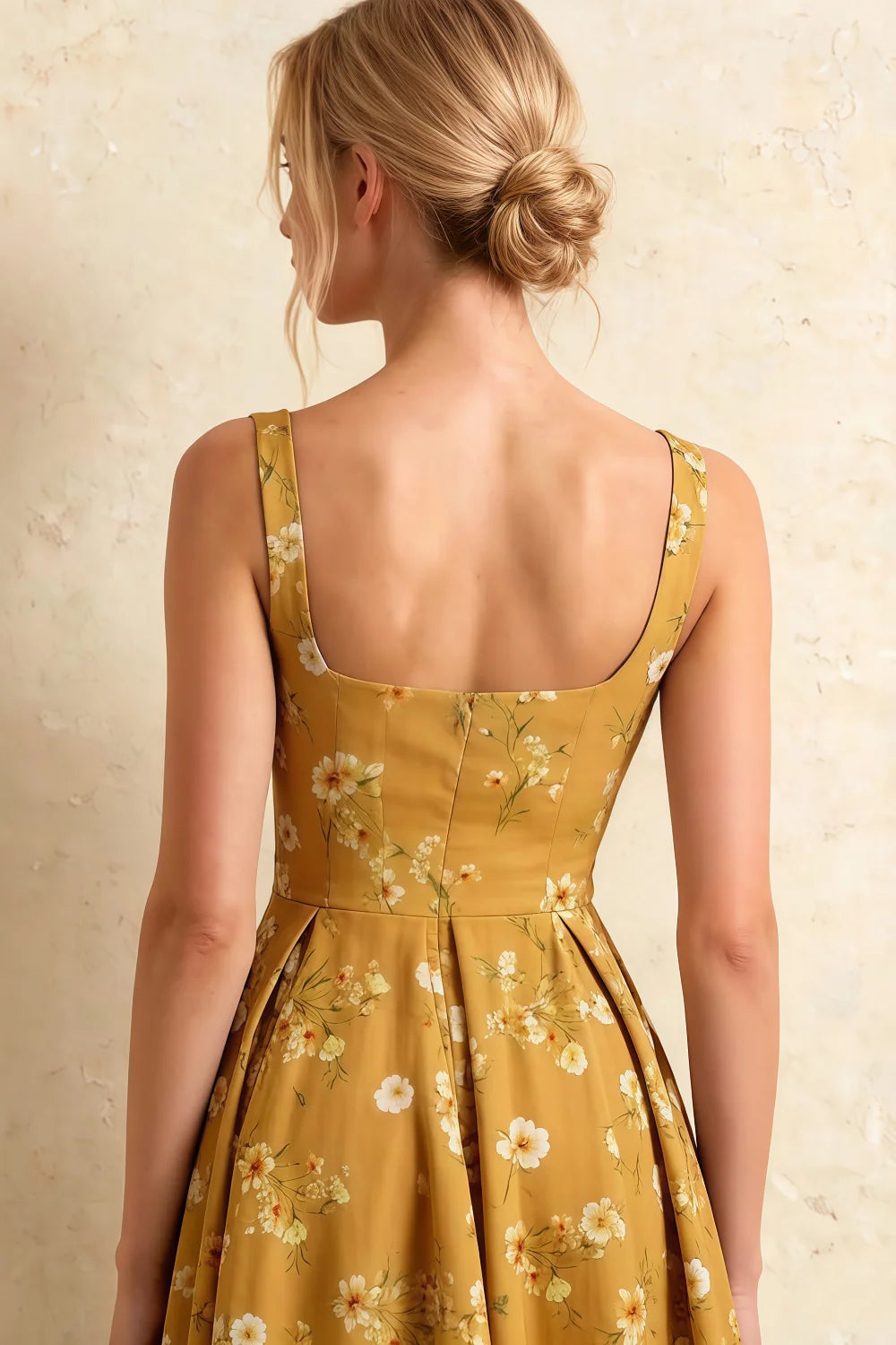 Gina Yellow Floral Square Neck Midi Dress