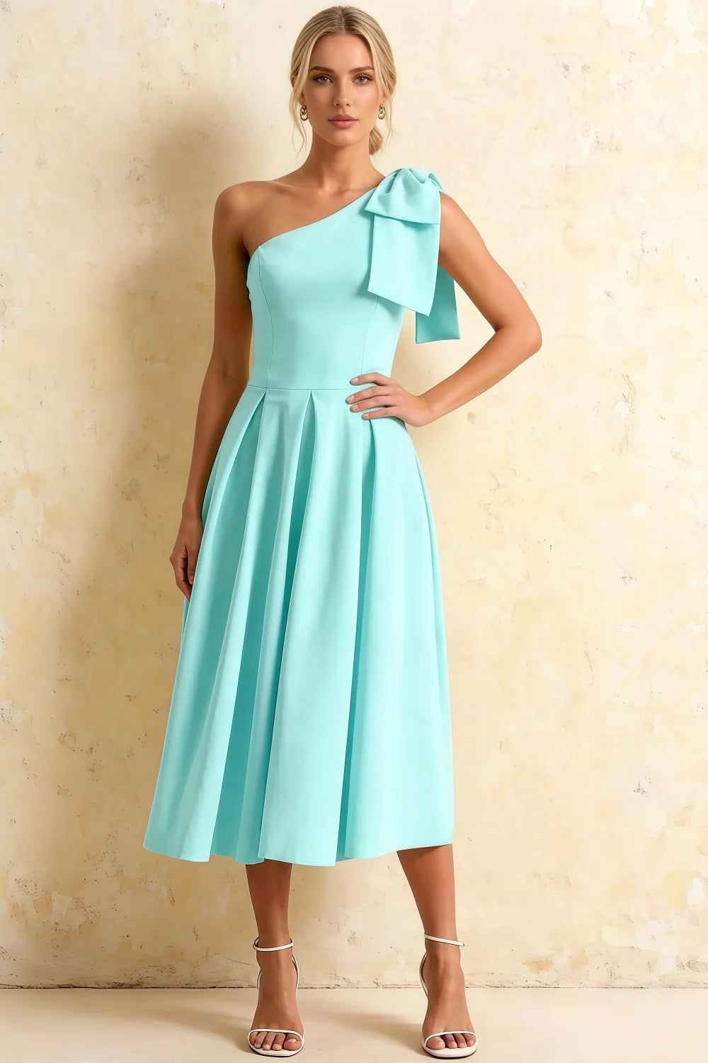 Giselle Aqua Asymmetric Midi Dress with Bow-Sleeve Main image