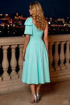 Giselle Aqua Asymmetric Midi Dress with Bow-Sleeve