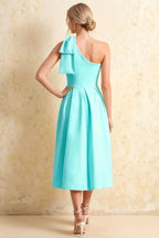 Giselle Aqua Asymmetric Midi Dress with Bow-Sleeve