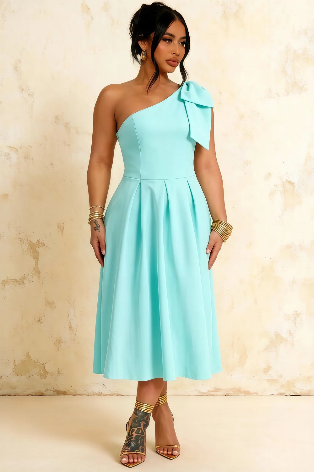 Giselle Aqua Asymmetric Midi Dress with Bow-Sleeve