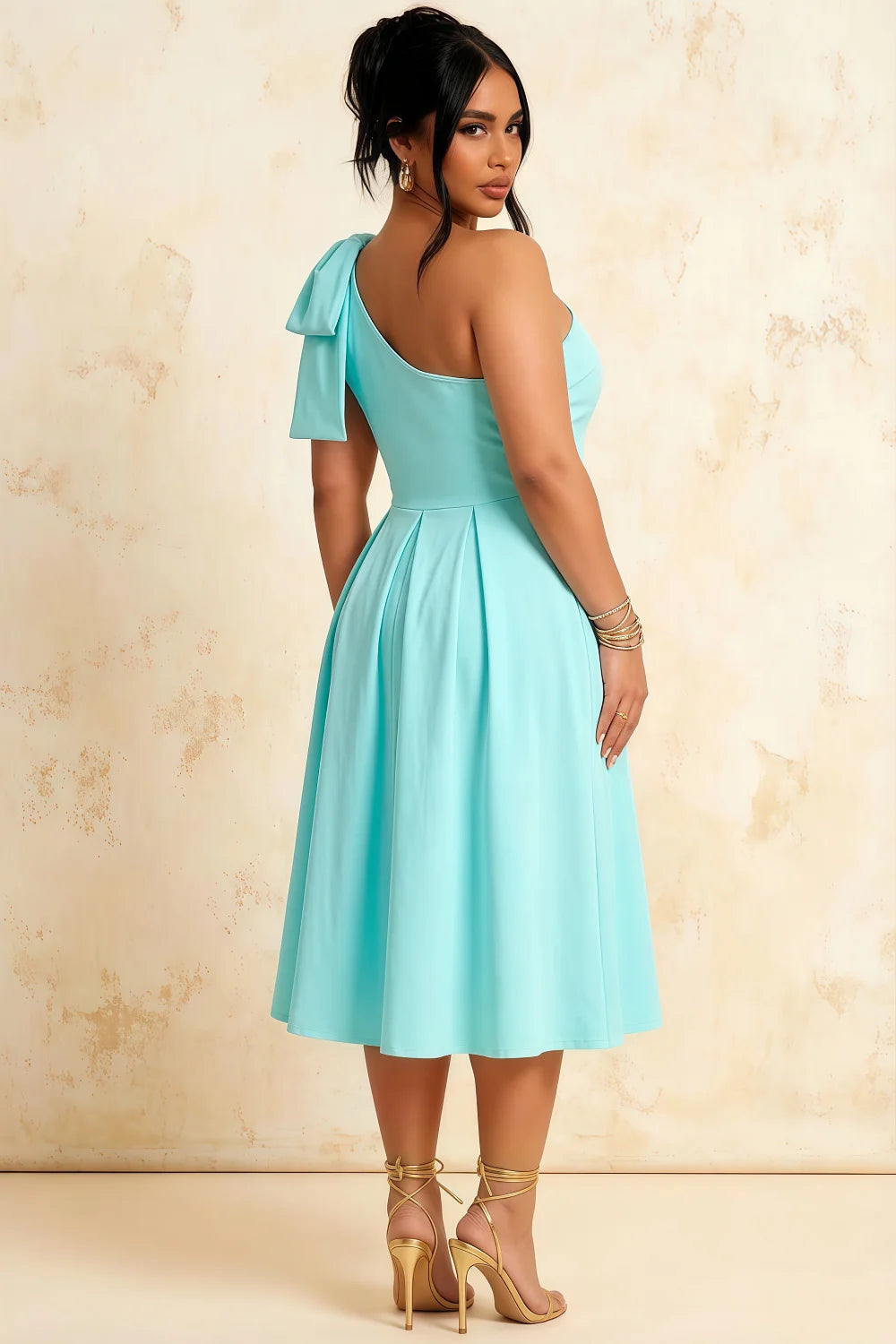 Giselle Aqua Asymmetric Midi Dress with Bow-Sleeve