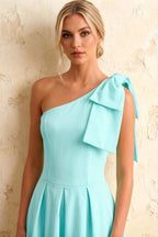 Giselle Aqua Asymmetric Midi Dress with Bow-Sleeve