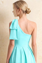 Giselle Aqua Asymmetric Midi Dress with Bow-Sleeve