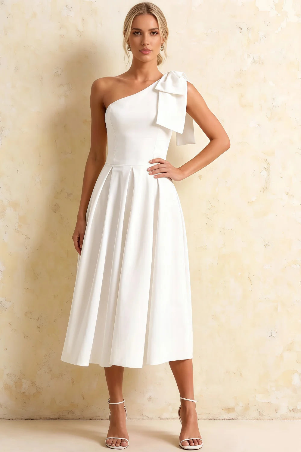 Giselle Asymmetrical White Midi Dress with Bow Sleeve
