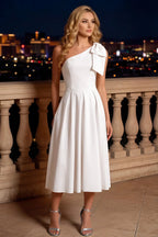 Giselle Asymmetrical White Midi Dress with Bow Sleeve