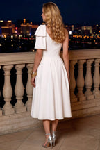 Giselle Asymmetrical White Midi Dress with Bow Sleeve