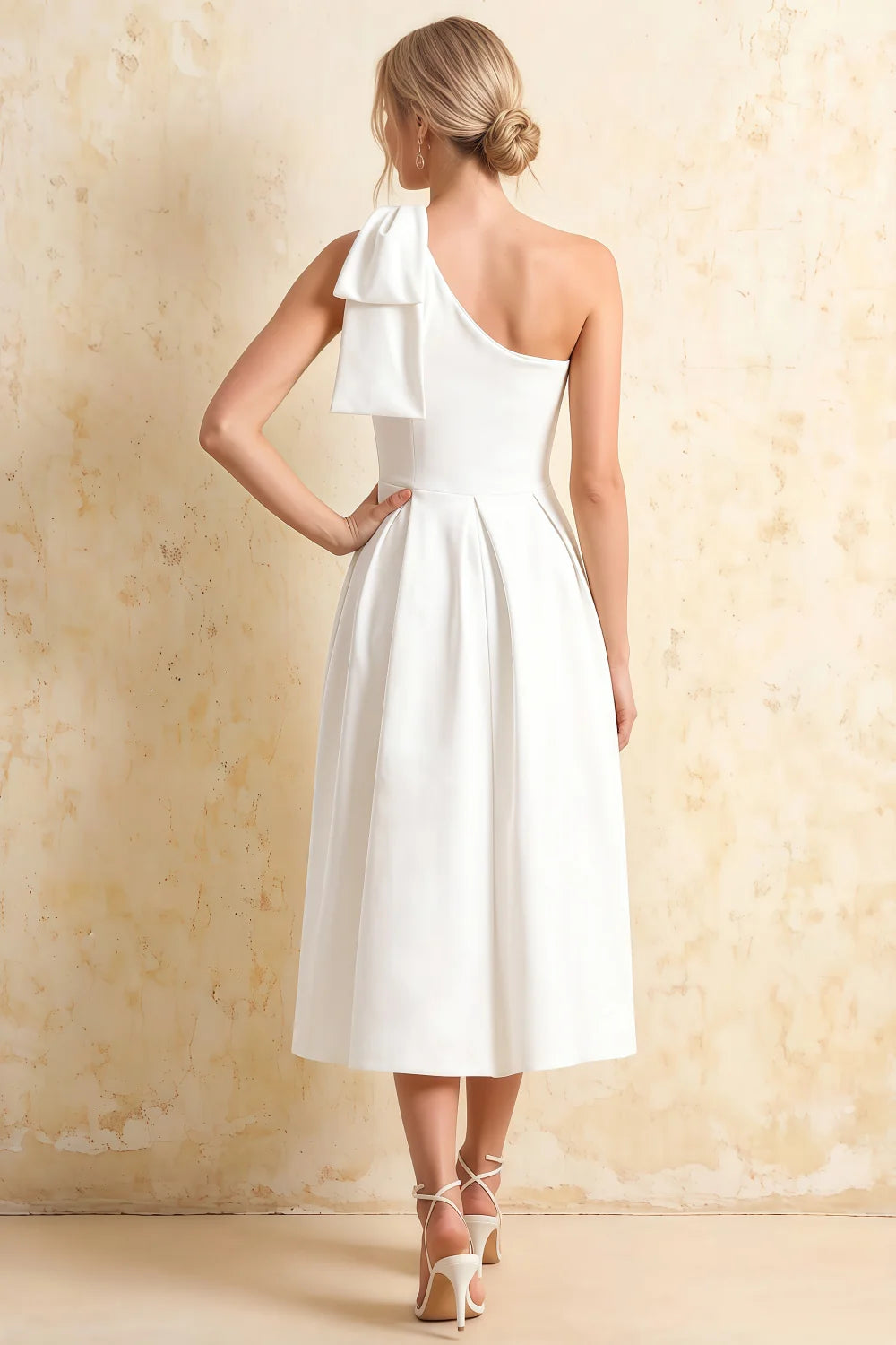 Giselle Asymmetrical White Midi Dress with Bow Sleeve