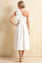 Giselle Asymmetrical White Midi Dress with Bow Sleeve