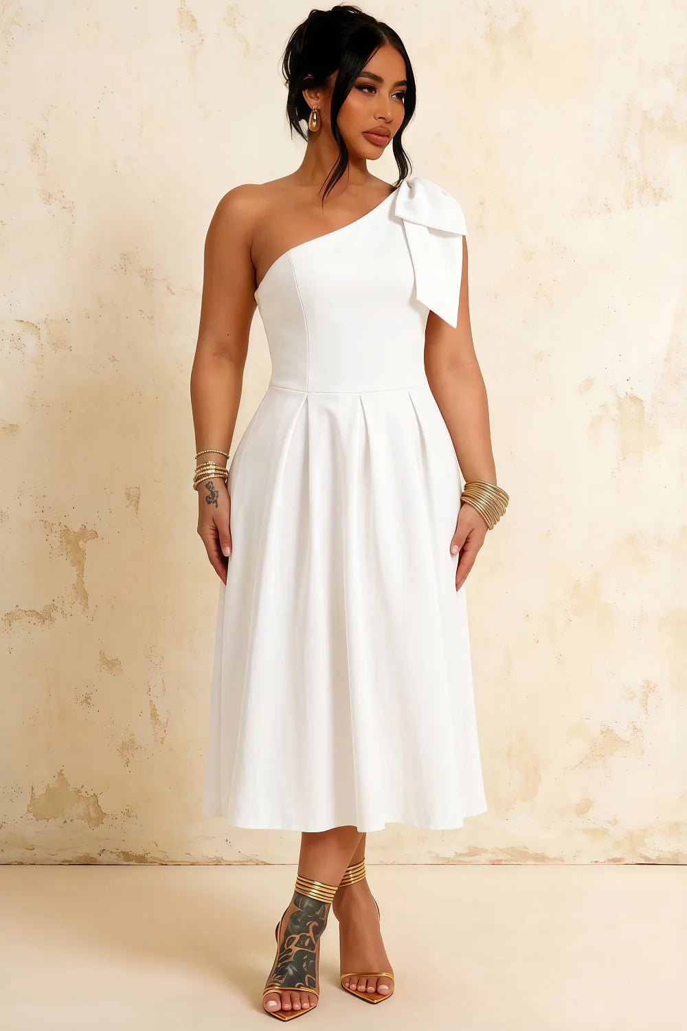 Giselle Asymmetrical White Midi Dress with Bow Sleeve