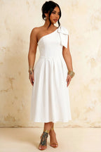 Giselle Asymmetrical White Midi Dress with Bow Sleeve