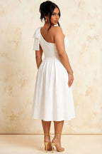 Giselle Asymmetrical White Midi Dress with Bow Sleeve