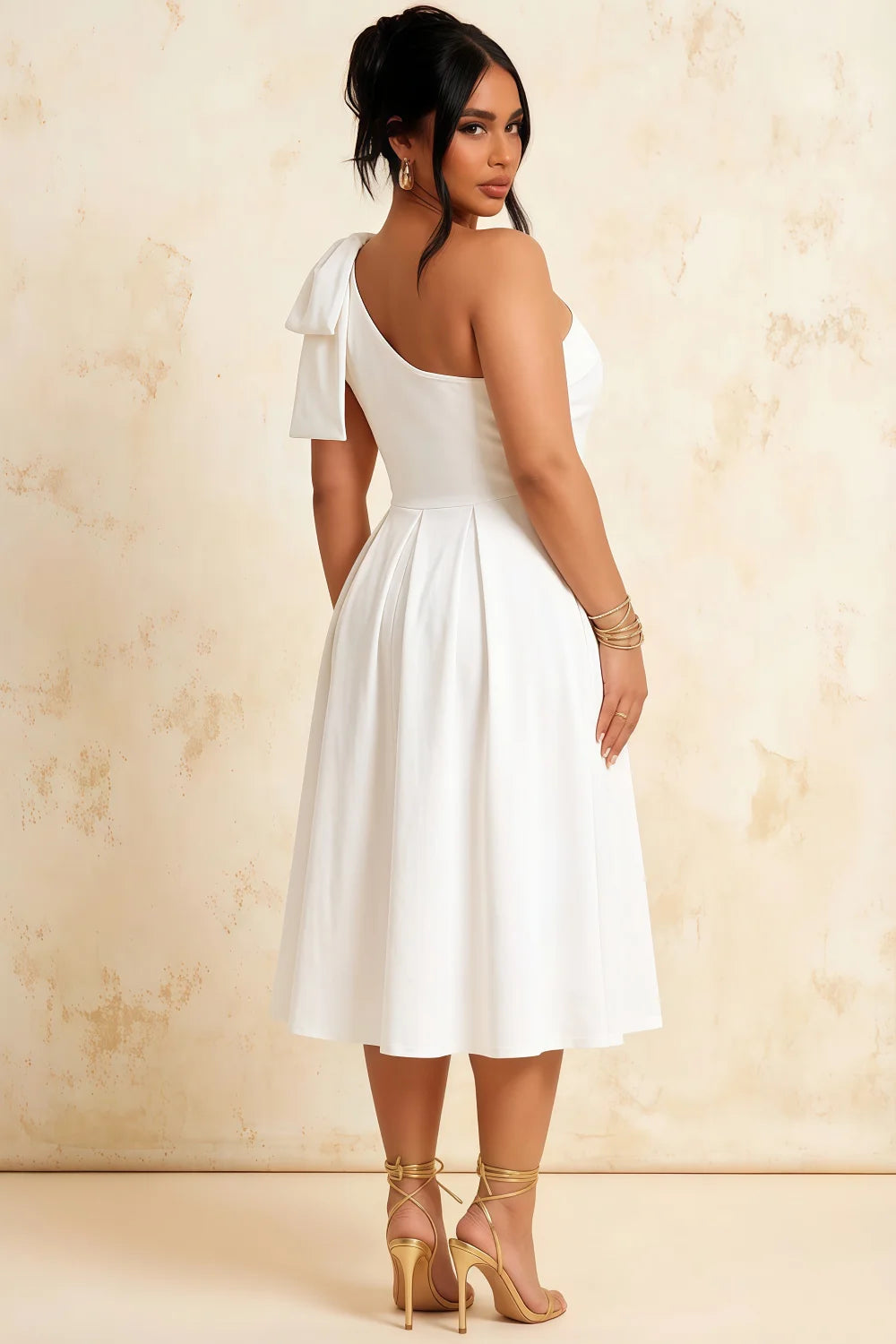 Giselle Asymmetrical White Midi Dress with Bow Sleeve