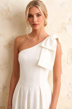 Giselle Asymmetrical White Midi Dress with Bow Sleeve