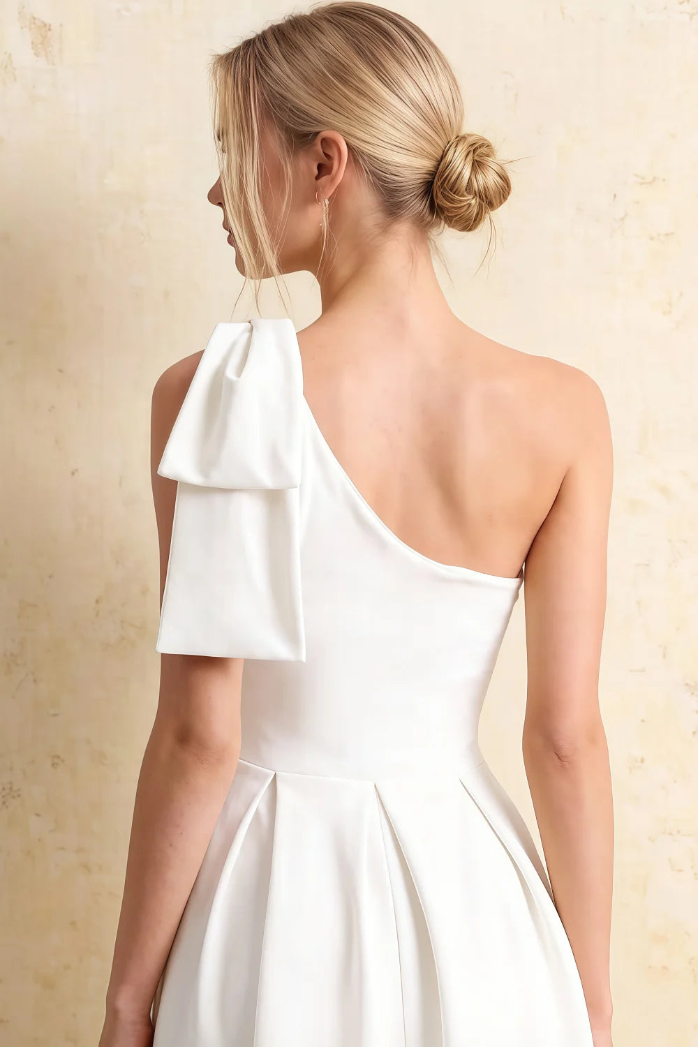 Giselle Asymmetrical White Midi Dress with Bow Sleeve