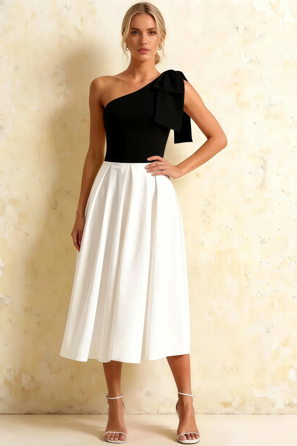 Giselle Black and White Asymmetrical Neckline Midi Dress with Bow Main image