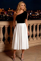 Giselle Black and White Asymmetrical Neckline Midi Dress with Bow