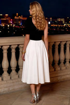 Giselle Black and White Asymmetrical Neckline Midi Dress with Bow