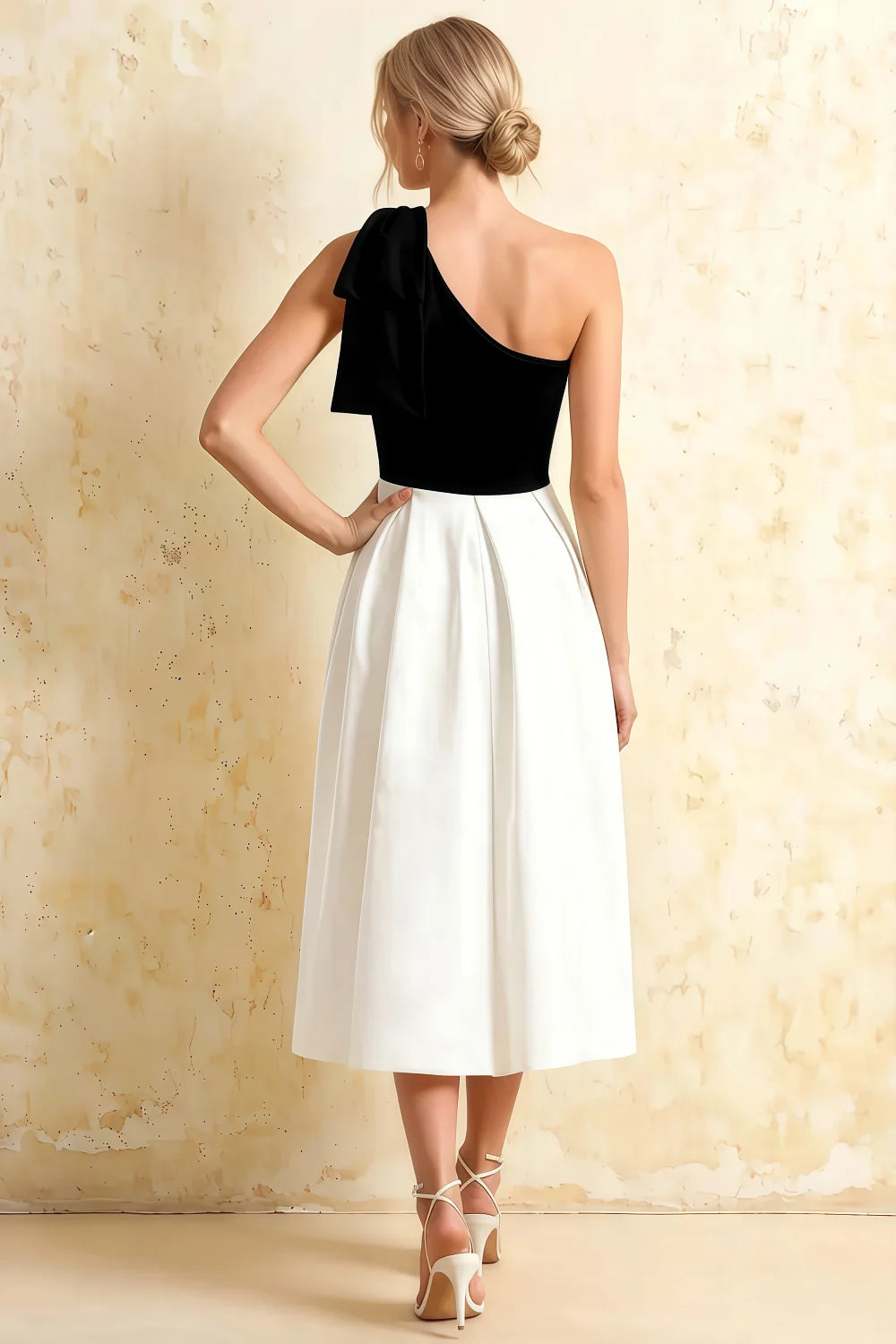Giselle Black and White Asymmetrical Neckline Midi Dress with Bow