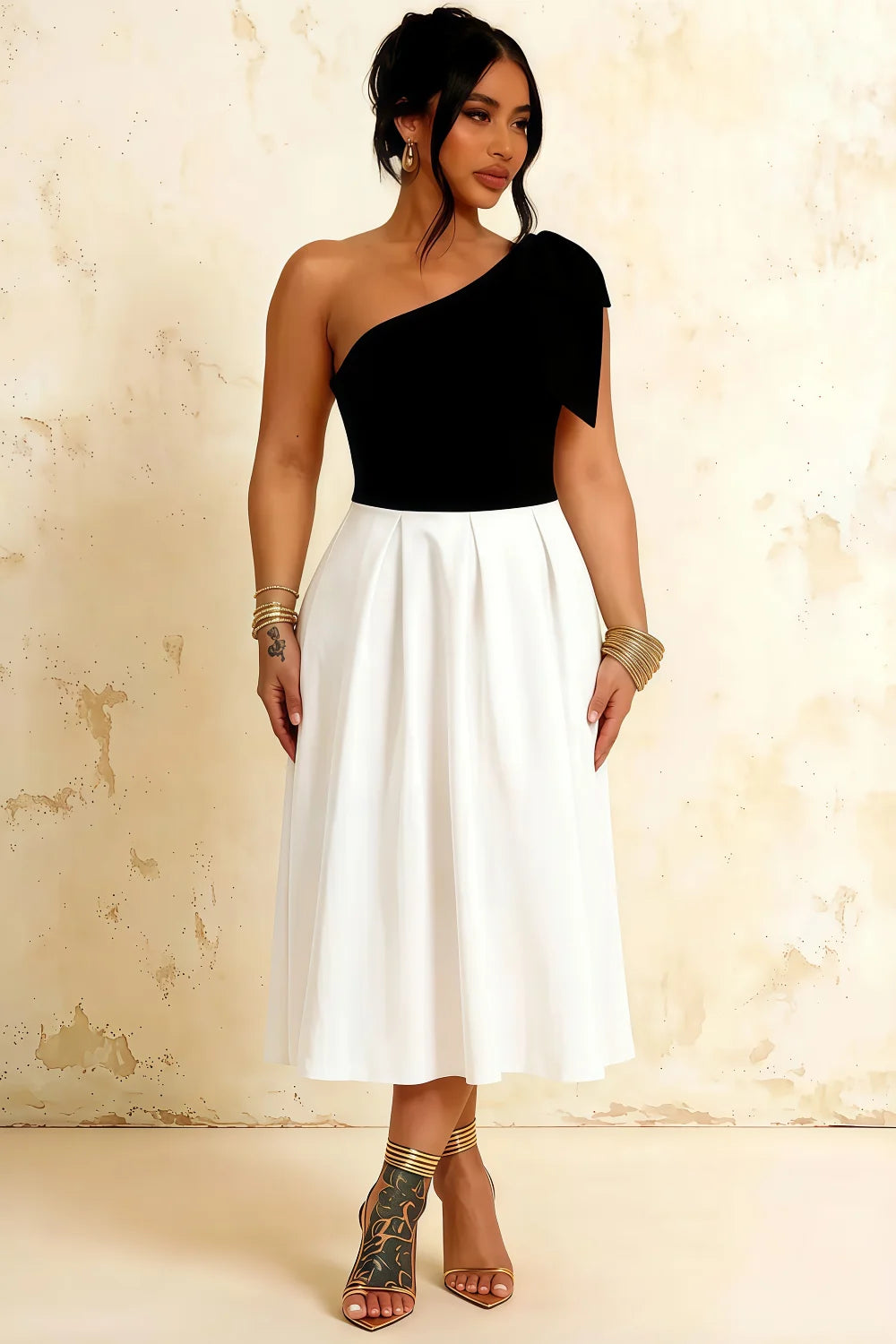 Giselle Black and White Asymmetrical Neckline Midi Dress with Bow