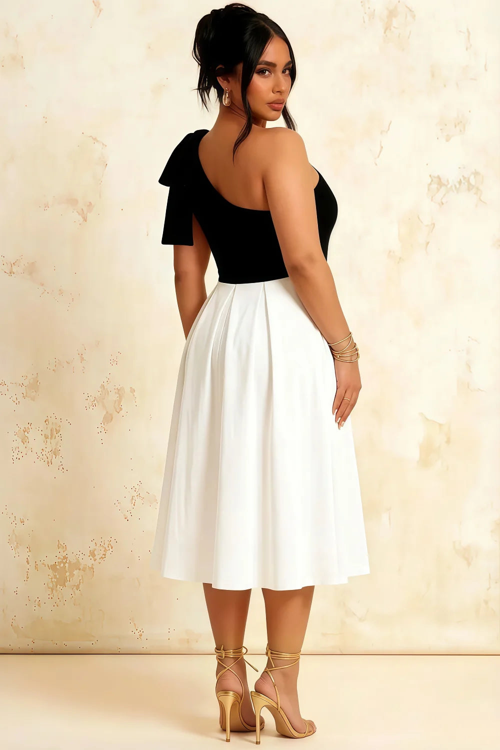 Giselle Black and White Asymmetrical Neckline Midi Dress with Bow