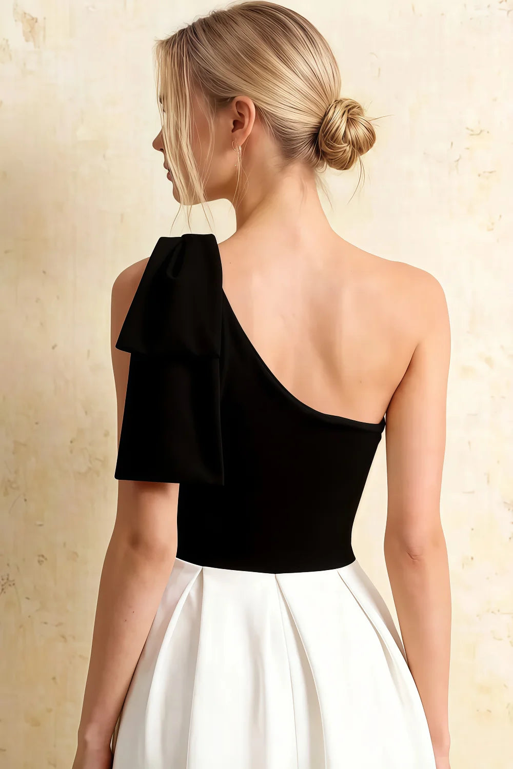 Giselle Black and White Asymmetrical Neckline Midi Dress with Bow