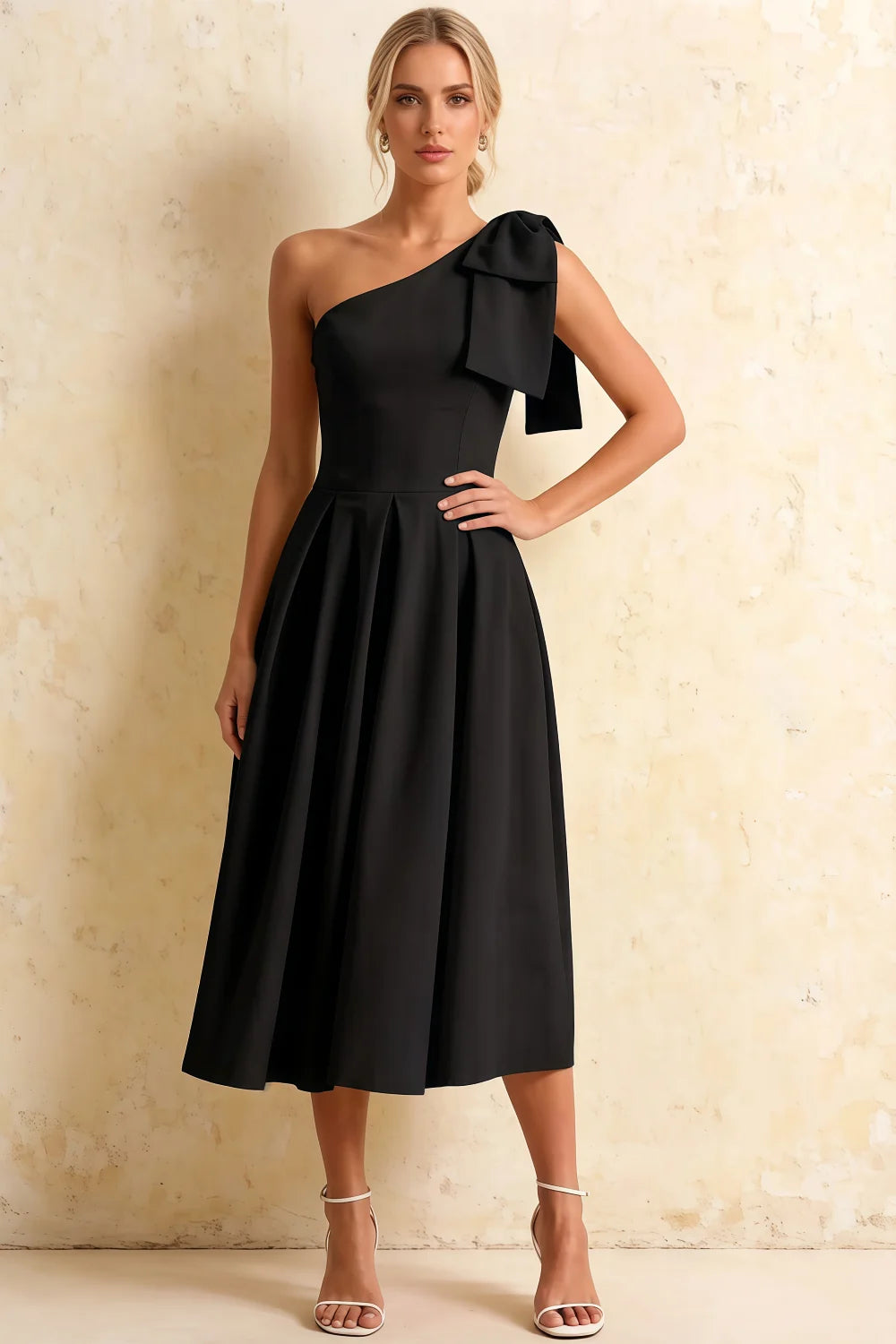 Giselle Black One Shoulder Bow Asymmetric Dress Midi Main image