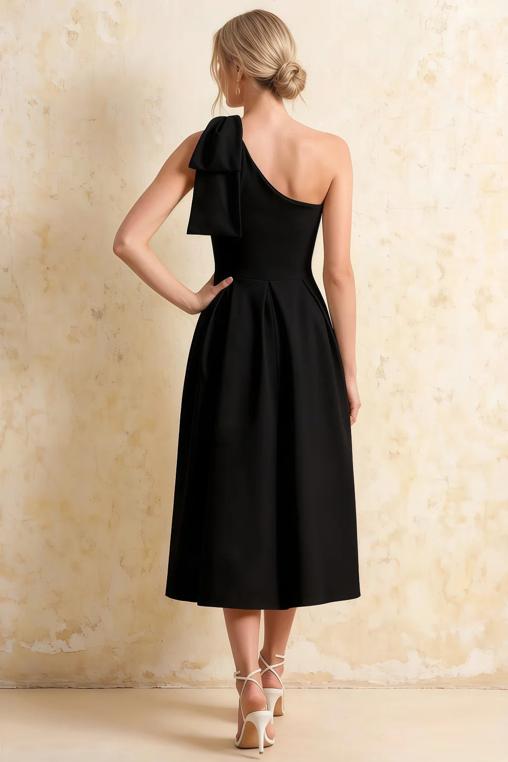 Giselle Black One Shoulder Bow Asymmetric Dress Midi