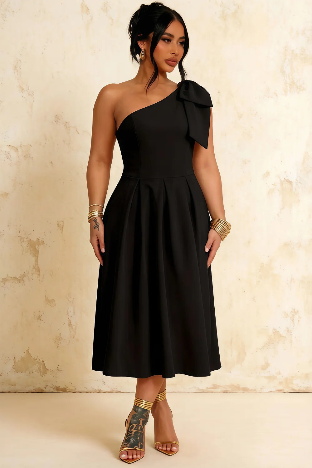 Giselle Black One Shoulder Bow Asymmetric Dress Midi
