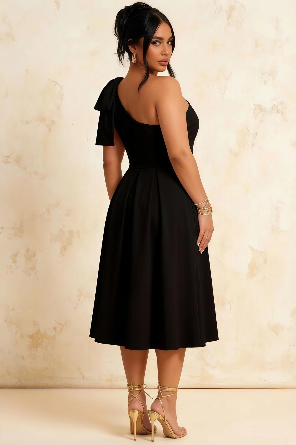 Giselle Black One Shoulder Bow Asymmetric Dress Midi