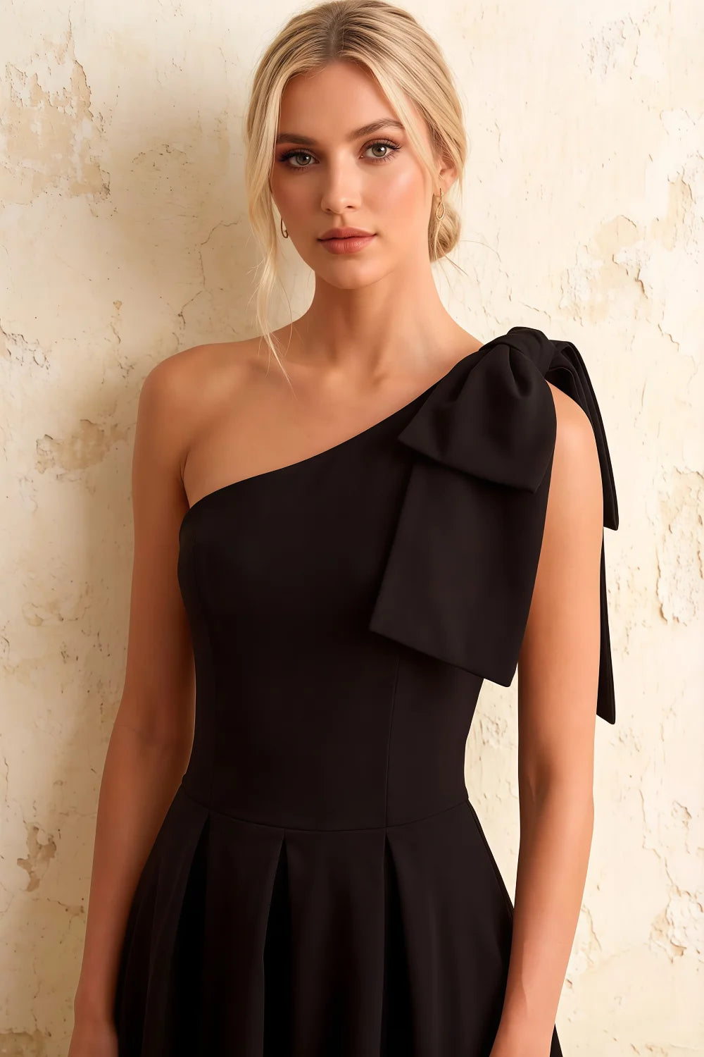 Giselle Black One Shoulder Bow Asymmetric Dress Midi