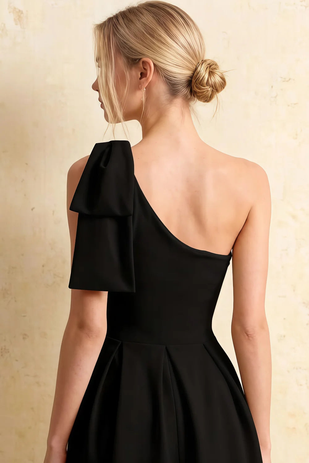Giselle Black One Shoulder Bow Asymmetric Dress Midi