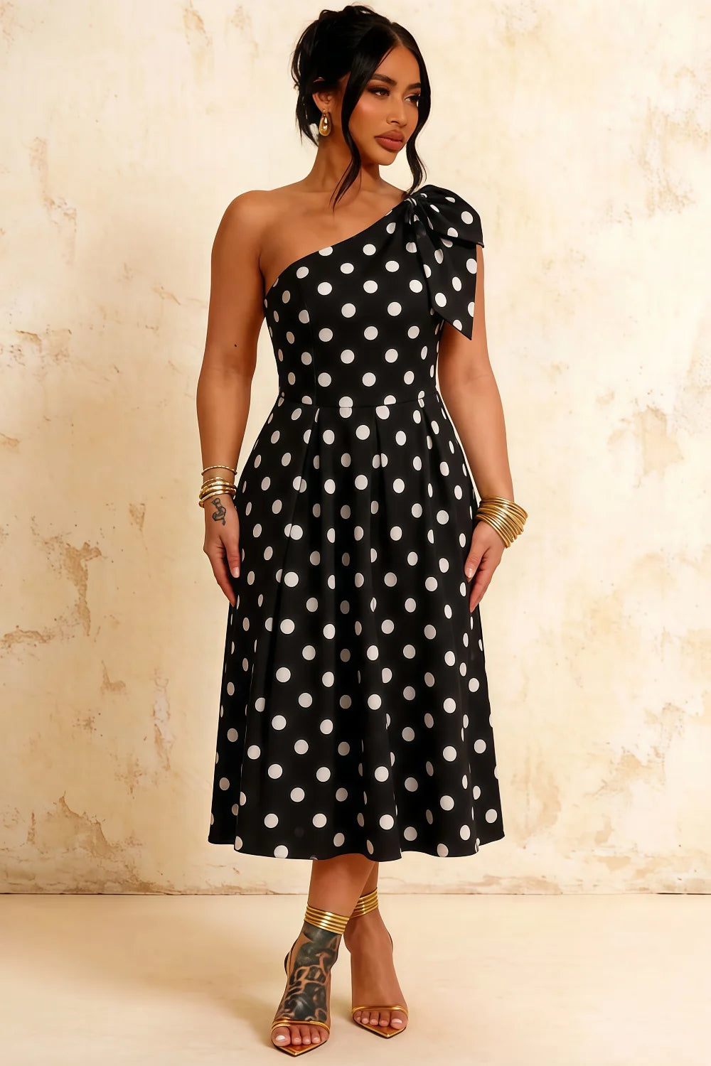 Giselle Black Polka Dot Asymmetrical Midi Dress Topshop