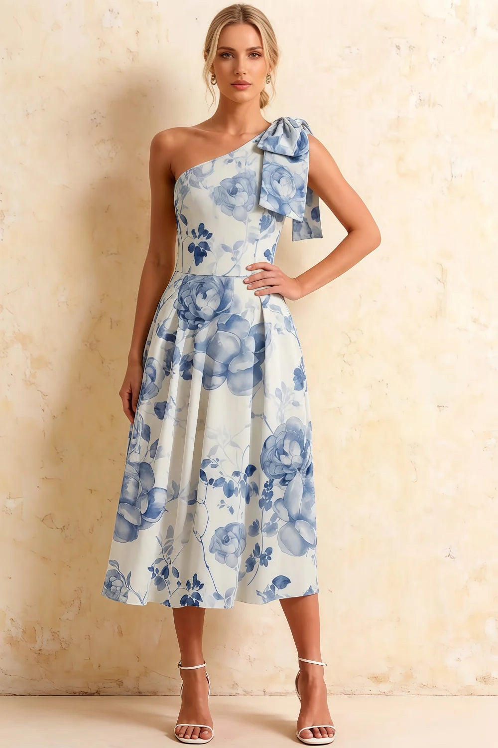 Vestido midi asimétrico floral azul y blanco Giselle con lazo Imagen principal del producto