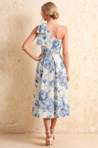 Giselle Blue and White Asymmetrical Floral Midi Dress with Bow