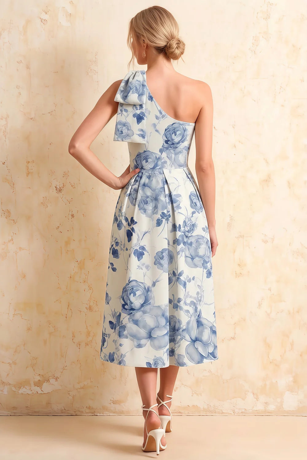 Giselle Blue and White Asymmetrical Floral Midi Dress with Bow