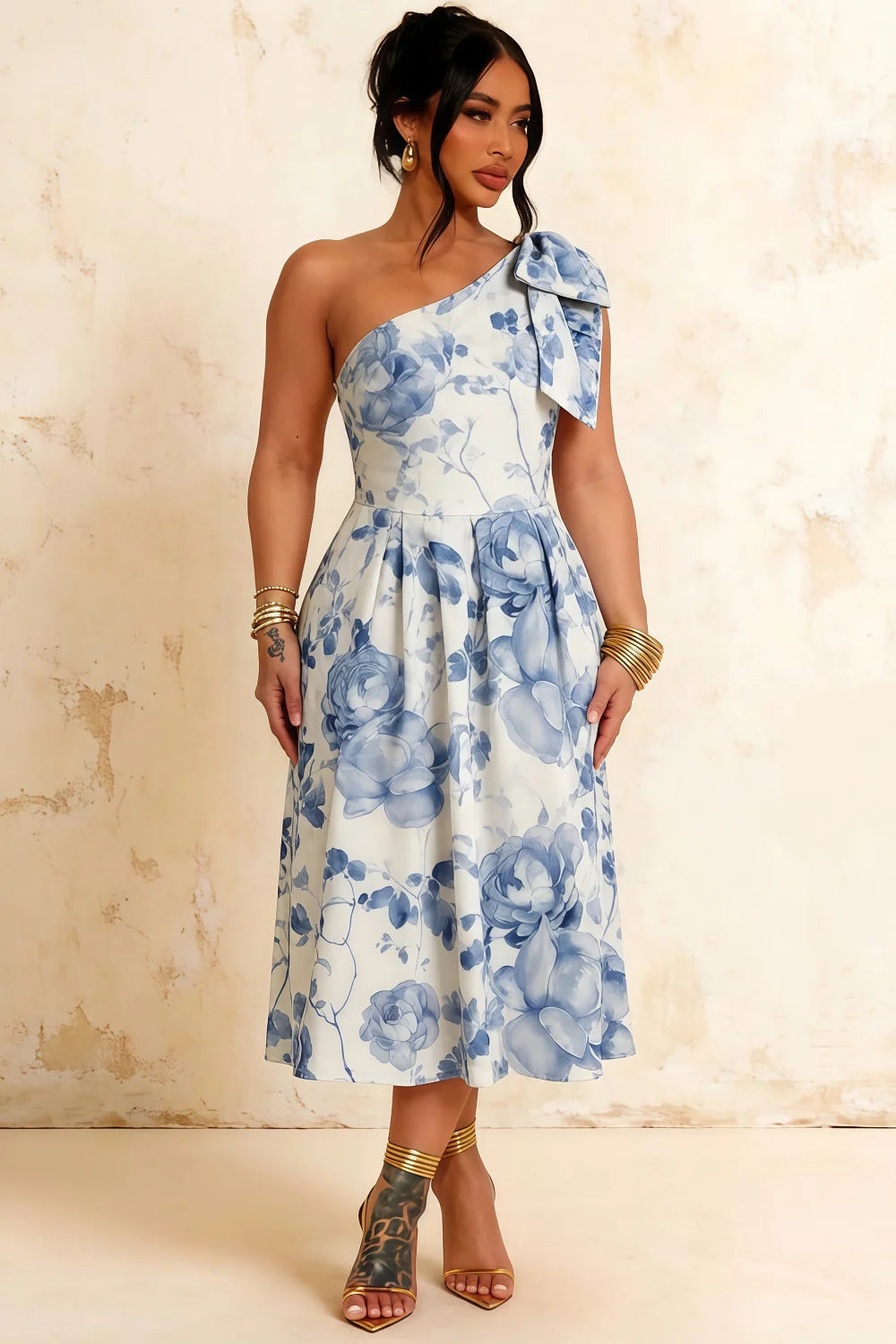 Giselle Blue and White Asymmetrical Floral Midi Dress with Bow