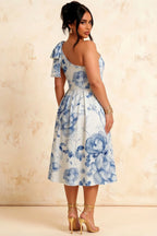 Giselle Blue and White Asymmetrical Floral Midi Dress with Bow