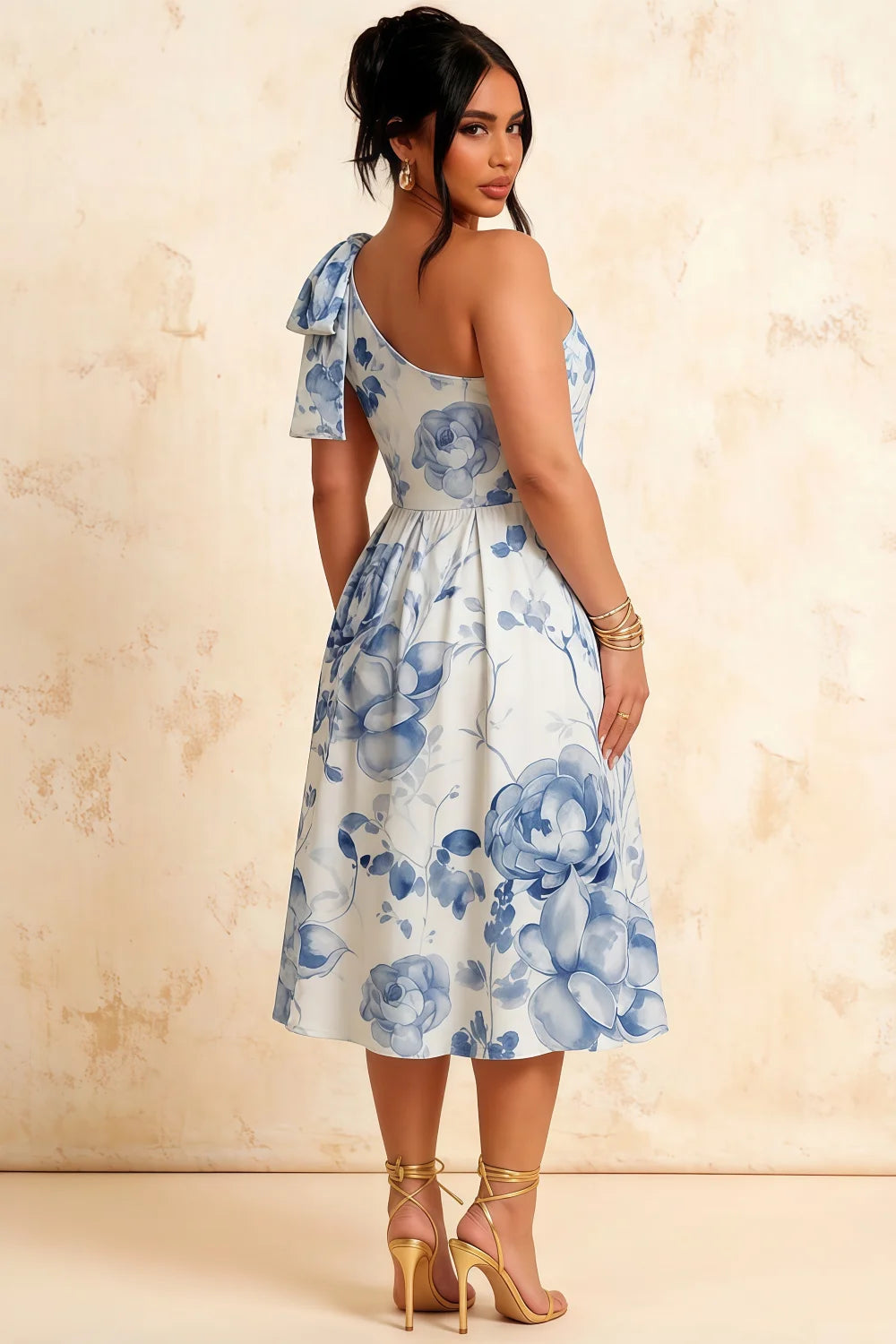 Giselle Blue and White Asymmetrical Floral Midi Dress with Bow