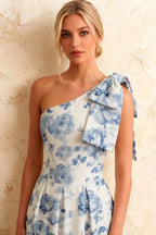 Giselle Blue and White Asymmetrical Floral Midi Dress with Bow