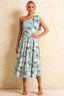 Giselle Blue Asymmetric Floral Midi Dress with Bow Sleeve