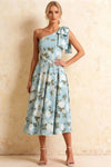Giselle Blue Asymmetric Floral Midi Dress with Bow Sleeve