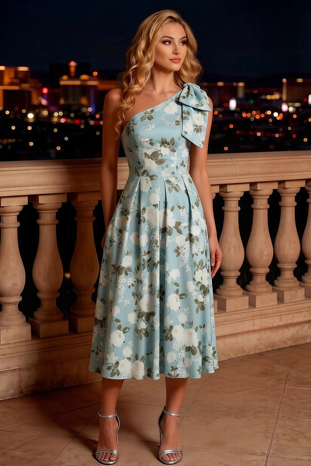 Giselle Blue Asymmetric Floral Midi Dress with Bow Sleeve