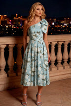 Giselle Blue Asymmetric Floral Midi Dress with Bow Sleeve